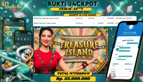 PENULIS4D JACKPOT DI LIVE CASINO - TREASURE ISLAND Rp. 55,000,000 , LUNAS