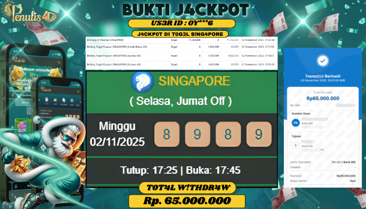 PENULIS4D JACKPOT DI TOGEL SINGAPORE Rp. 65,000,000 , LUNAS